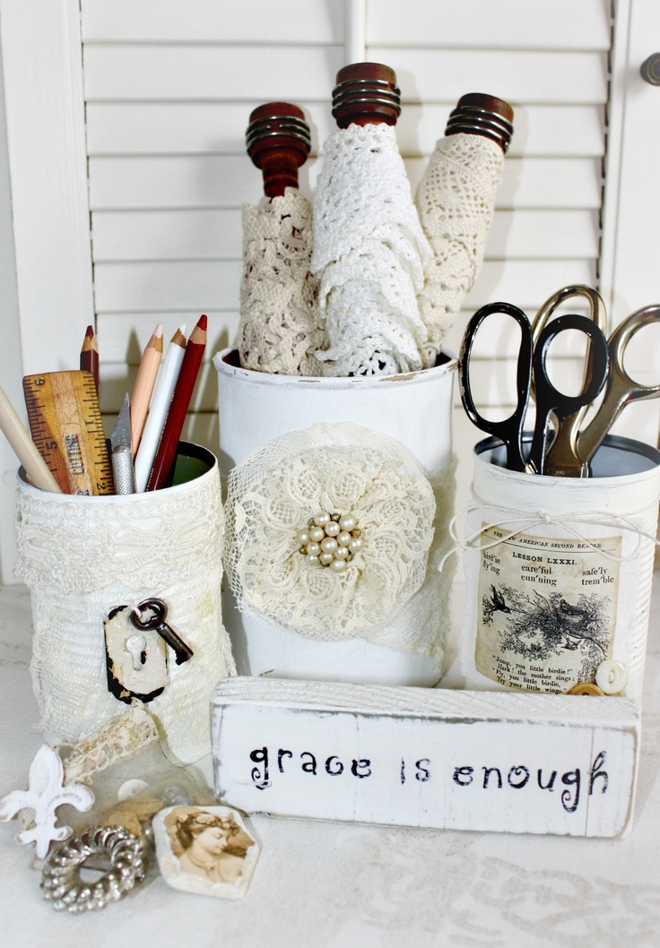 Lace-wrapped tin can desk organizers