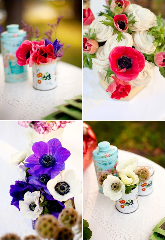 Vintage tin cans as floral vases