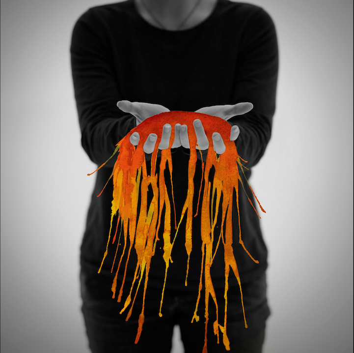 Vibrant watercolor interrupting a photographic self-portrait