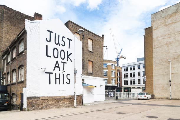 Stevenson character and slogan on found street material