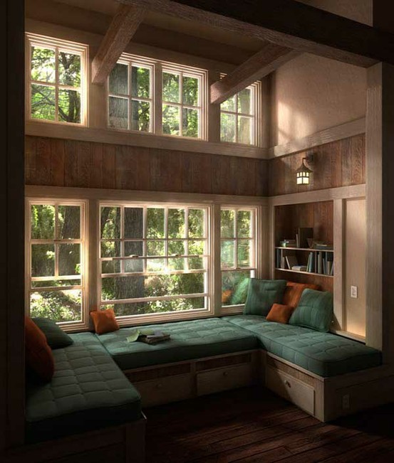 Built-in window seat in a bright room