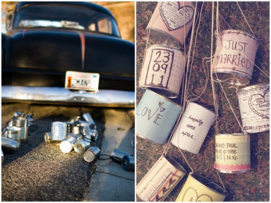 Decorated wedding car tin cans