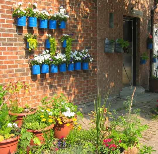 Blue tin can vertical garden on brick wall