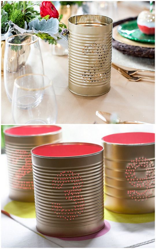 Gold tin can table number lanterns