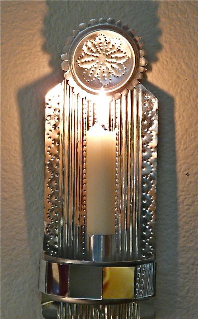 Punched tin can wall candle holder