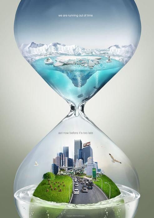 Climate change melting ice hourglass print ad