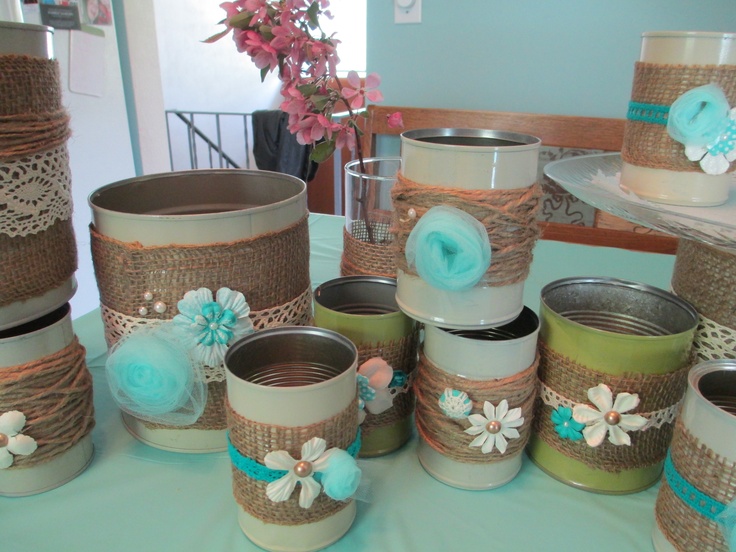 Burlap and lace tin can centerpieces