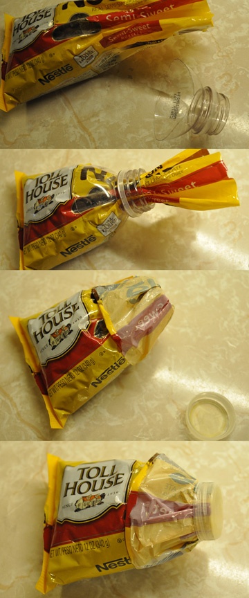 Seal a plastic bag with the top of a water bottle or any plastic bottle and the lid.