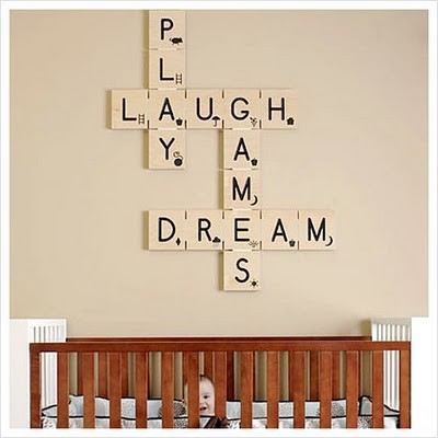 Nursery wall art with large Scrabble-style wooden tiles