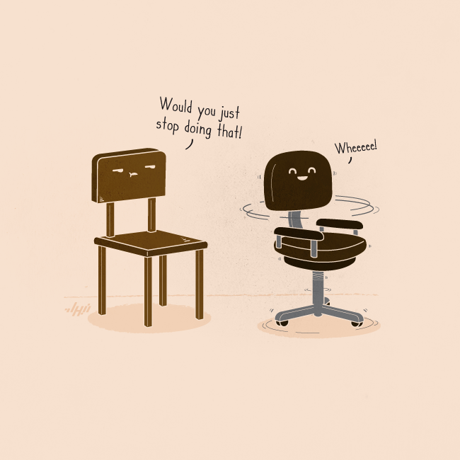 Grumpy wooden chair and spinning office chair