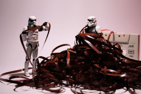 Stormtroopers tangled in unspooled cassette magnetic tape