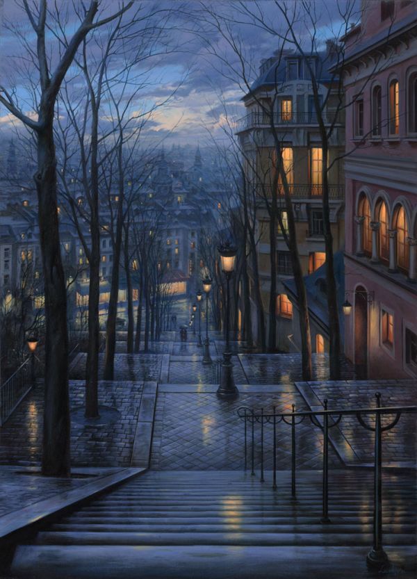 Evening-Journey-Evgeny-Lushpin13 Wet stone stairs and streetlamps descending into a city at dusk by Evgeny Lushpin
