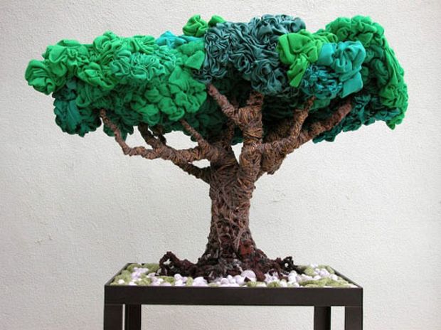 Miniature tree sculpture with fabric foliage and twisted recycled trunk