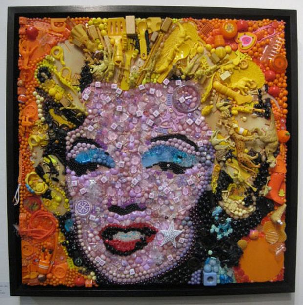 Marilyn Monroe portrait mosaic of colorful plastic toys and buttons
