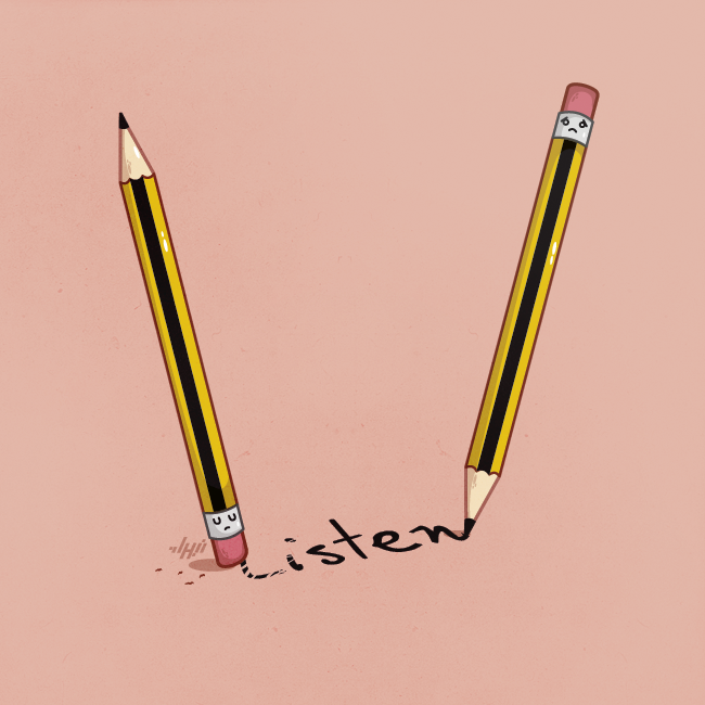 One pencil writing Listen while another erases the letter L