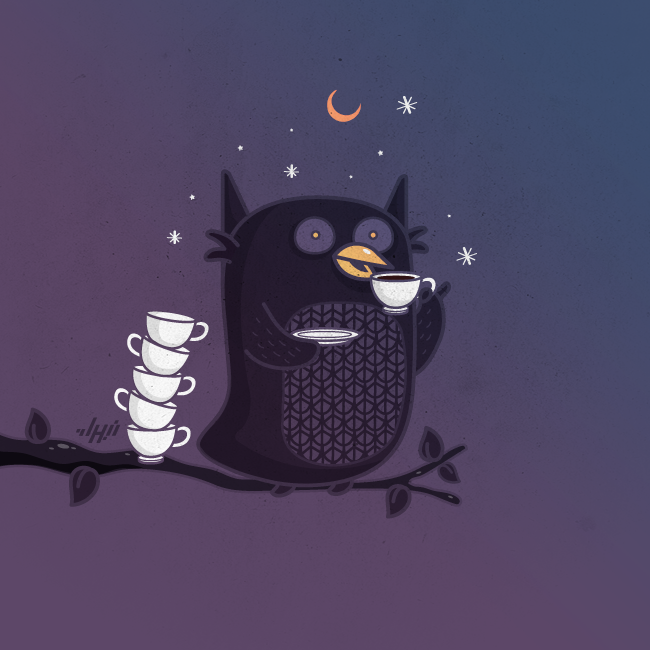 Exhausted night owl drinking coffee under a crescent moon