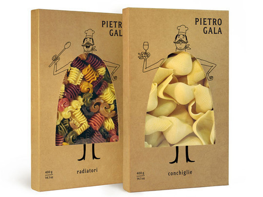 Pietro Gala pasta boxes with chef cutouts filled by pasta shapes