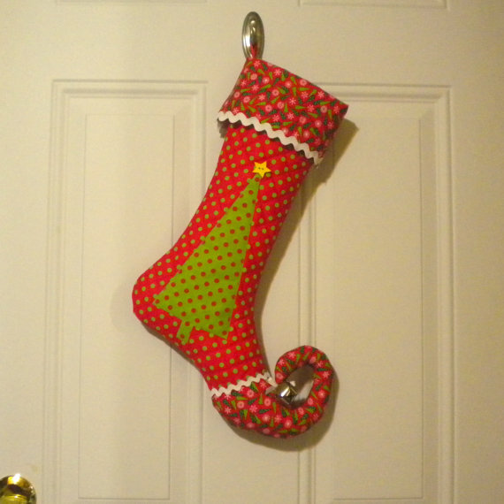 Quilted Christmas Stocking with Christmas Tree Applique and Curly Elf Toe