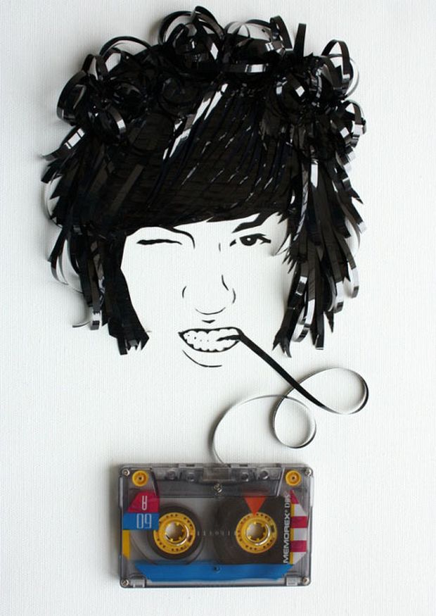 Portrait with hair made from cassette tape spilling from a Memorex cassette