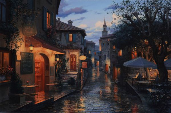 Evening-Journey-Evgeny-Lushpin01 European street at dusk with lit gallery shop and clock tower by Evgeny Lushpin