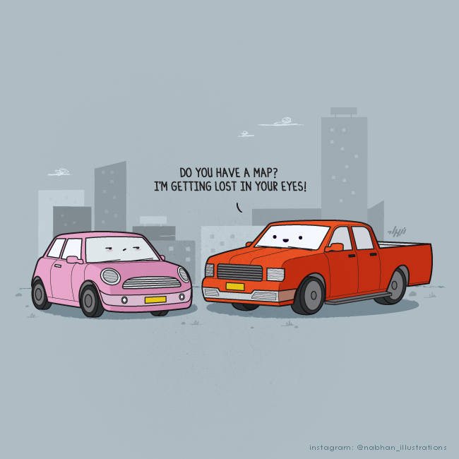 Pickup truck delivering a map pickup line to a small car