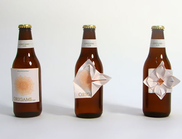 Origami Lager bottles with labels that fold into paper flowers
