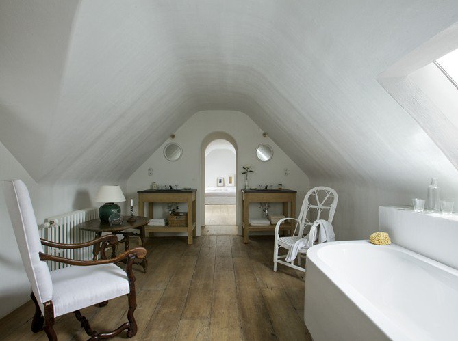 Daylit attic bathroom vanity area
