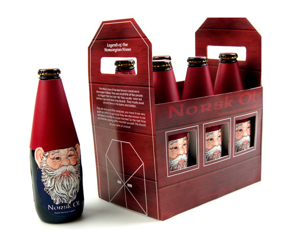 Norsk Ol beer bottles as Norwegian Nisse characters in a barn carrier
