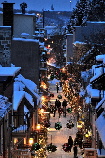 Snowy city evening lights