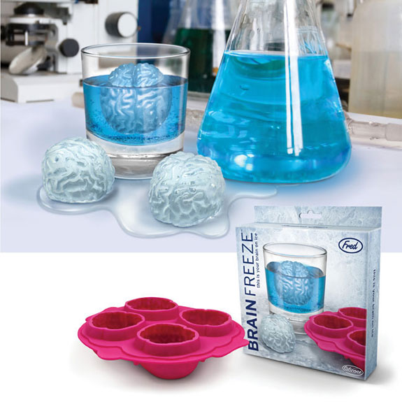 Brain Freeze anatomical brain ice cubes in blue lab-style drink