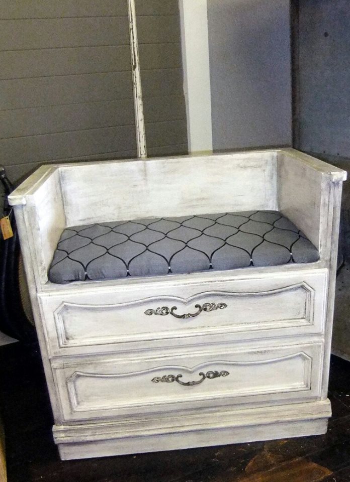 Dresser turned into a bench. Great for placing by the door.