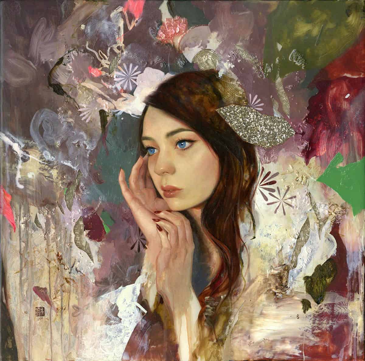 Soey Milk painting with patterned textiles and contemplative subject