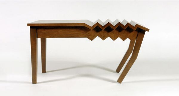 Table with accordion-fold distorted top and angled legs