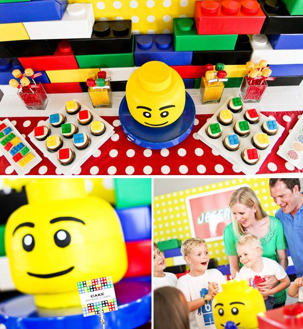 LEGO dessert table with yellow minifigure head cake and brick cupcakes
