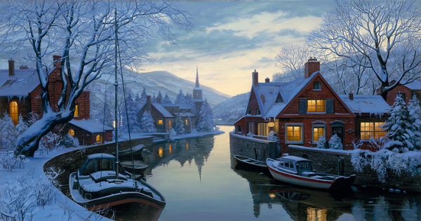 Evening-Journey-Evgeny-Lushpin11 Snowbound village canal with boats and church spire by Evgeny Lushpin