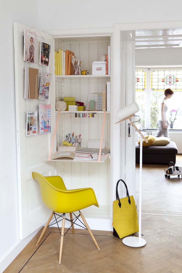 Closet office with lamp and shelves