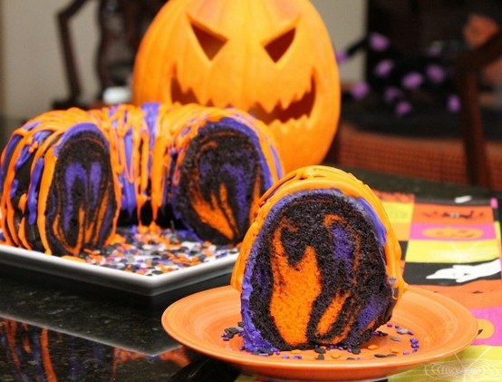 Halloween marble bundt cake with orange purple and black swirl