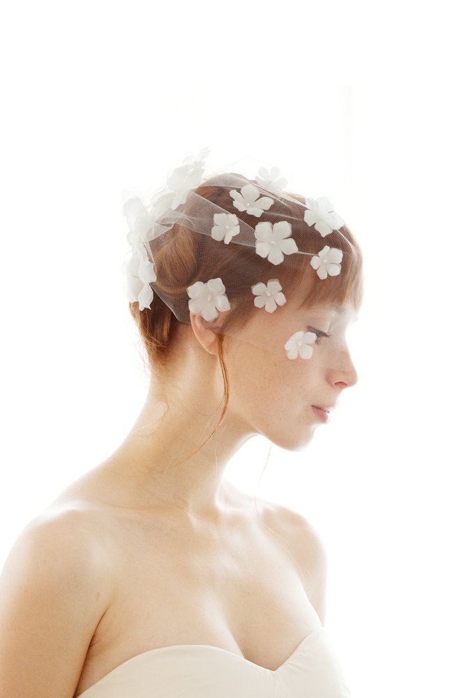 Structured birdcage veil over a bridal updo