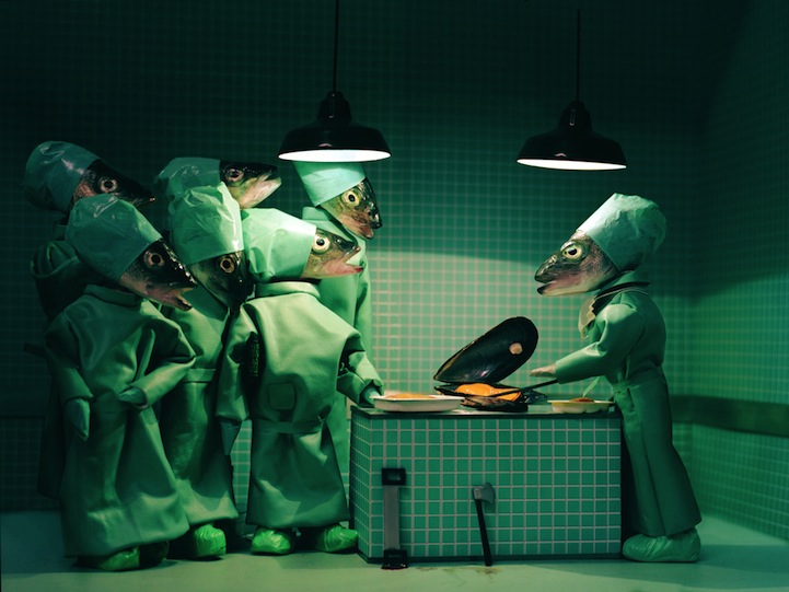 acbe diorama with fish-headed characters