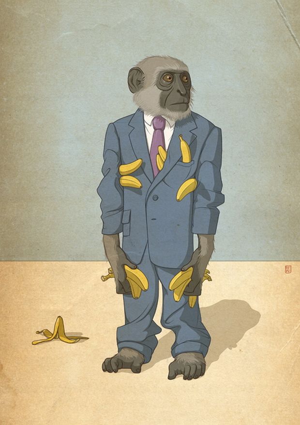 Monkey in a business suit overloaded with bananas