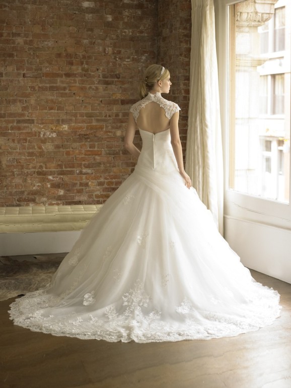 High-neck lace ballgown with keyhole back and train