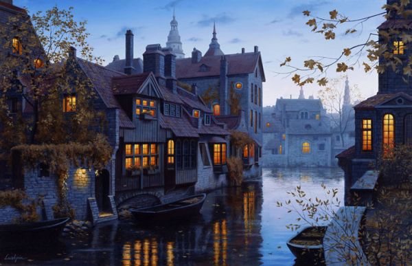 Evening-Journey-Evgeny-Lushpin14 Canal town at blue hour with lit windows and moored boats by Evgeny Lushpin