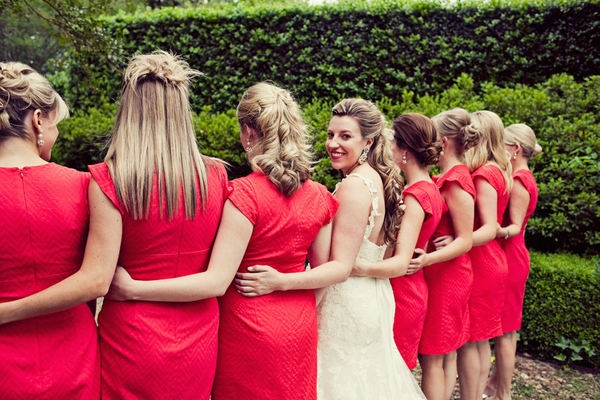 Bridesmaids walking toward the camera