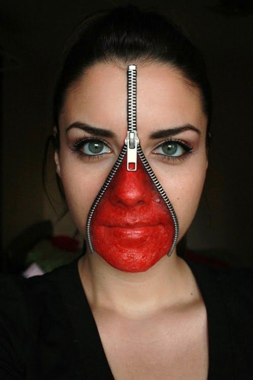 Zipper face SFX makeup with exposed red flesh