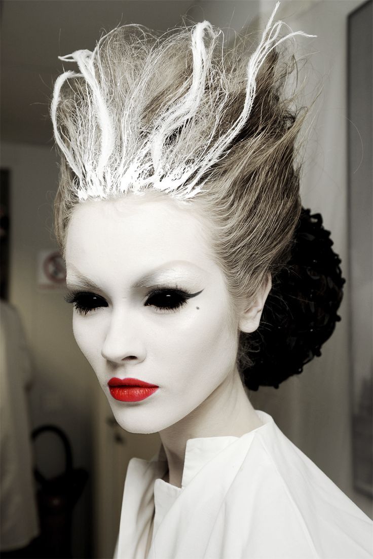 Pale white face with blacked-out eyes and blood-red lips