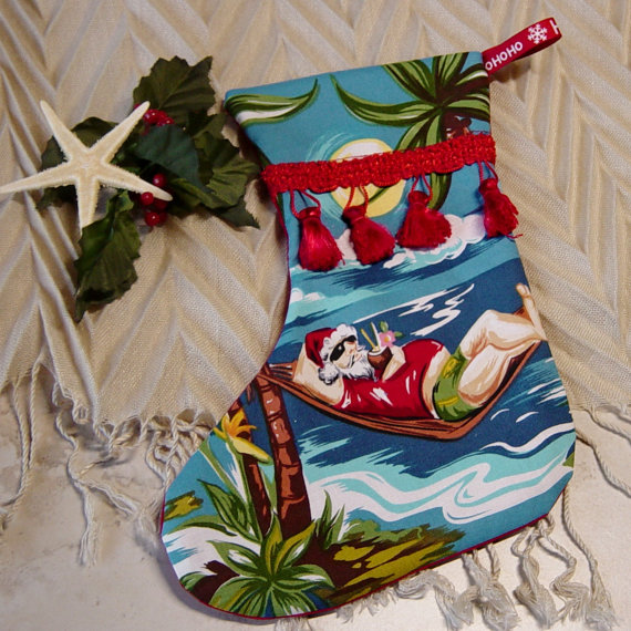 Tropical Christmas Stocking, Santa in a Beach Hammock Print