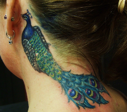 peacock tattoo behind ear down the neck