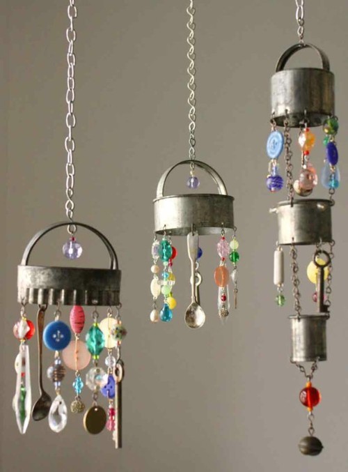 Upcycled hanging ornaments with keys, beads, and spoons