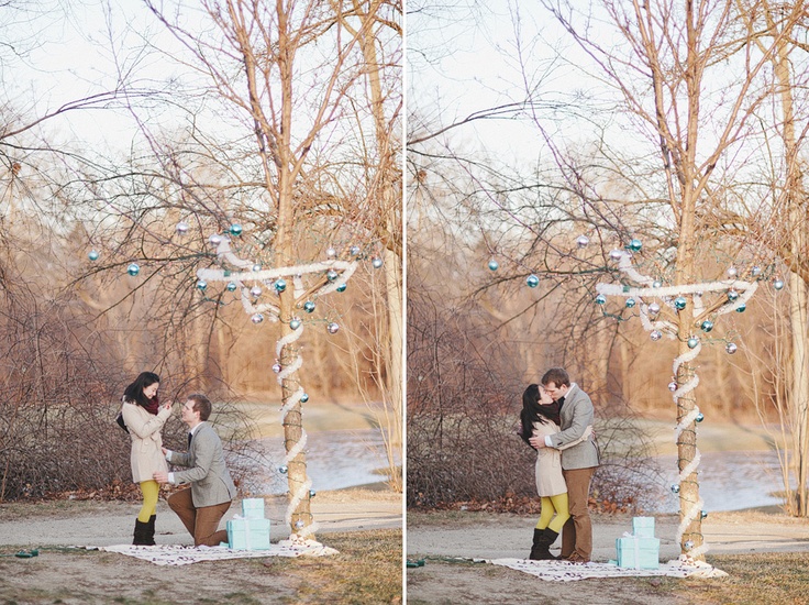 Winter park proposal with decorated tree and gift boxes