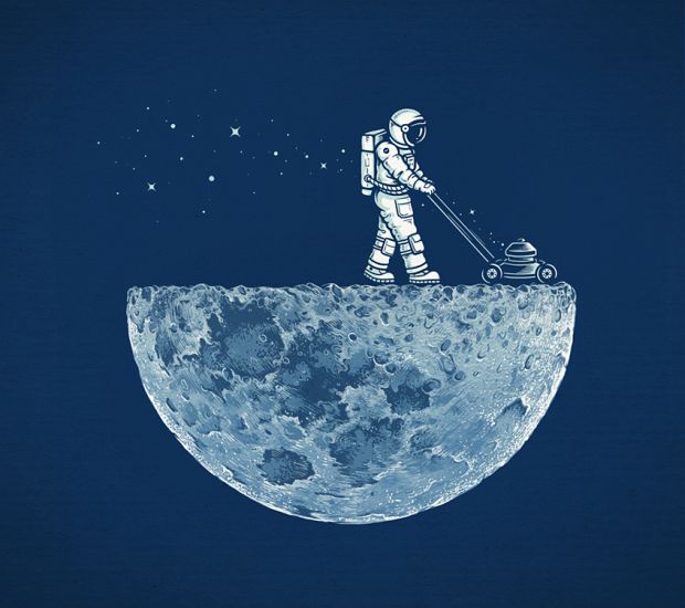 Astronaut pushing a lawnmower across a flattened half-moon